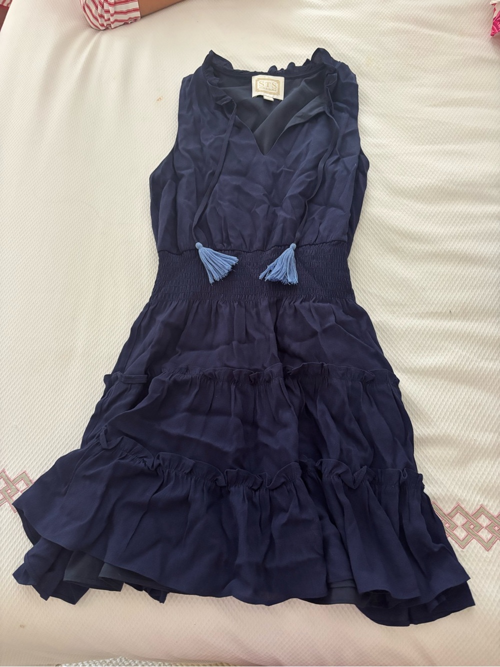 Sail to Sable Navy Tiered Ruffle Dress with Light Blue Tassels